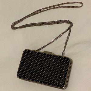 Michael Kors Black and Silver Microstudded Box Clutch with long metal chain